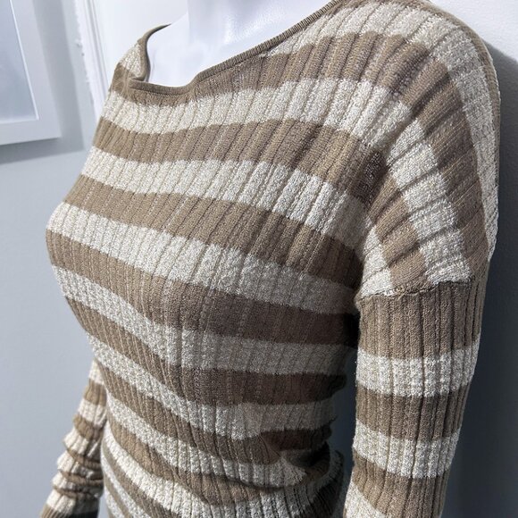 Striped Sweater, Tan and Beige with Gold Flecks Throughout, Stretchy, Size M - Picture 3 of 5